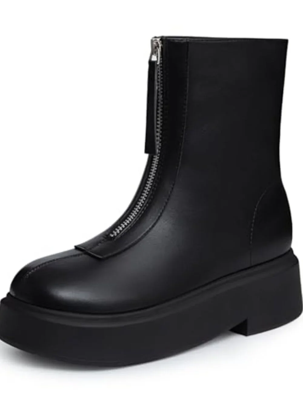Faux Leather Platform Ankle Boots with Zipper Chunky Low Heel Round Toe